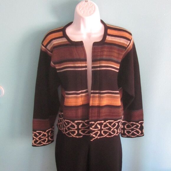 Bill Baber Handknit Edinburgh Scotland Brown Stripe Crop Cardigan Sweater Size M - Picture 1 of 12